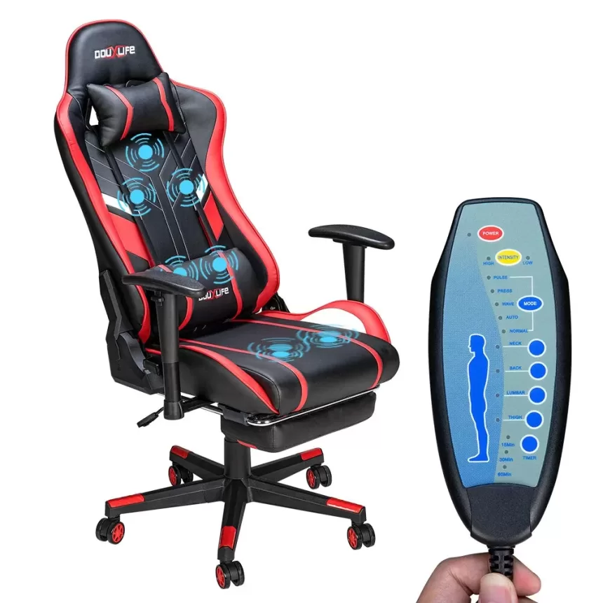 Douxlife® GC-RC03 Gaming Chair Massage Ergonomic High Back Design Lumbar Relax New Customized PU Massage Computer Office Chairs 2022 - Black + Red EU Plug