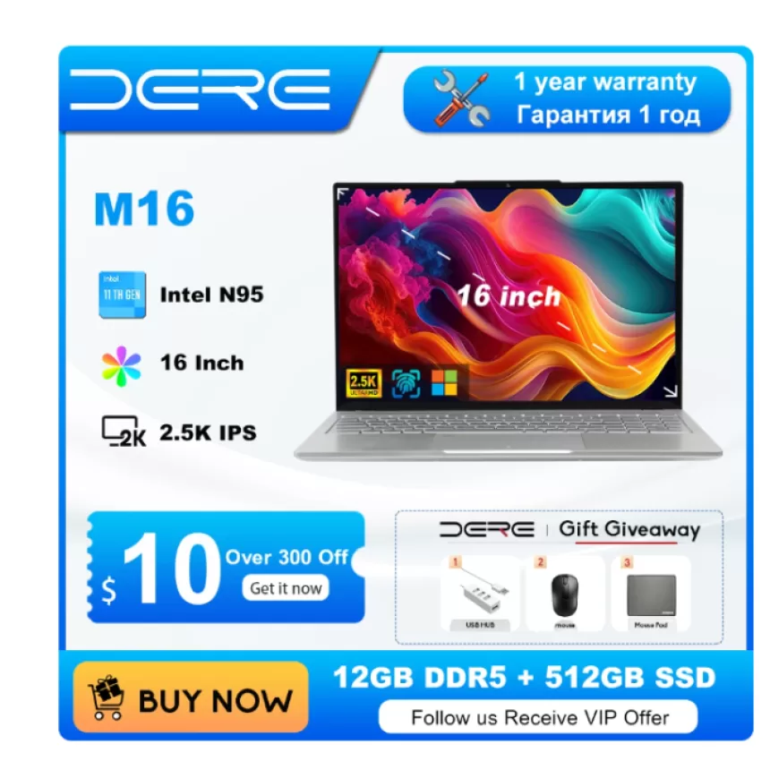 DERE Laptops M16 2023 New 16" 2.5K IPS Ultra HD Intel N95 12GB DDR5+512GB SSD Study Office Laptop Computer Windows 11 Notebook