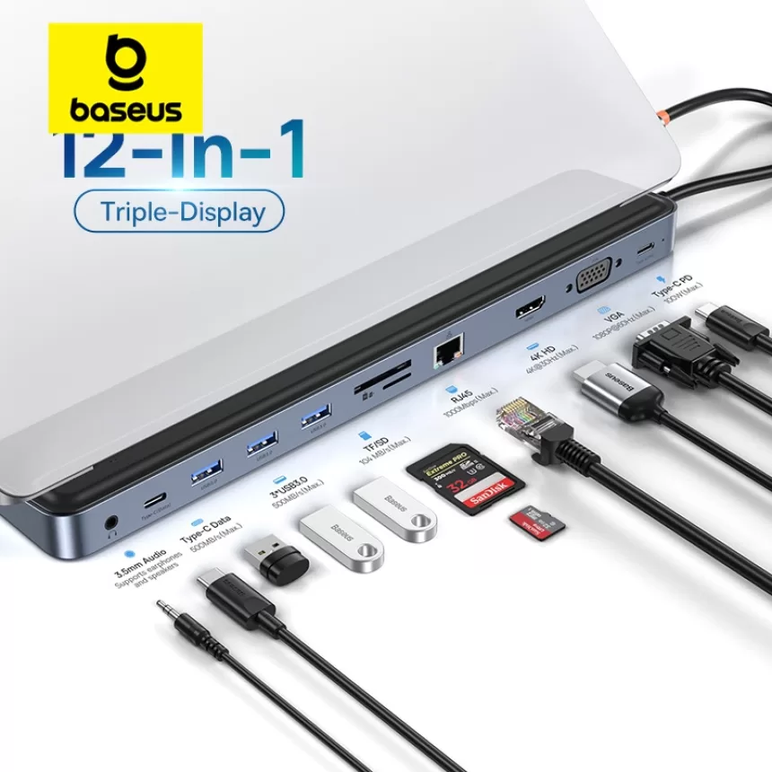 Baseus USB C Hub to HDMI-compatible USB 3.0 Docking Station for MacBook Pro iPad Pro USB HUB PD 100W/60W Adapter for Laptop