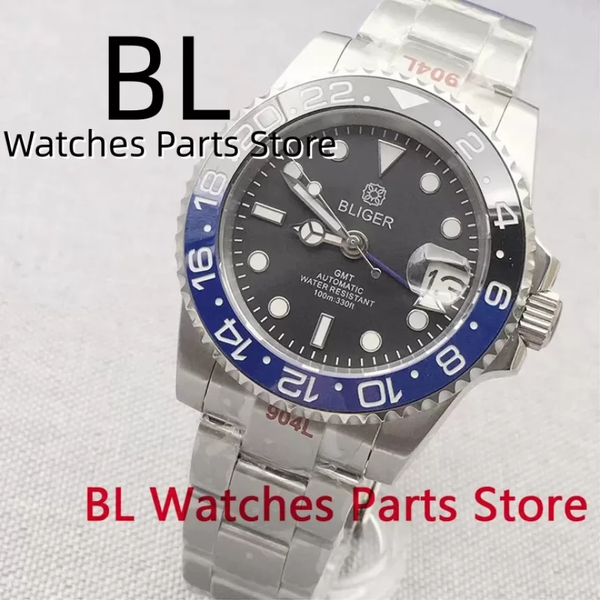 BLIGER 40mm GMT Watch For Men Black Dial Blue GMT Hands With Green Luminous Black Blue Bezel Oyster Bracelet Sapphire Glass Date