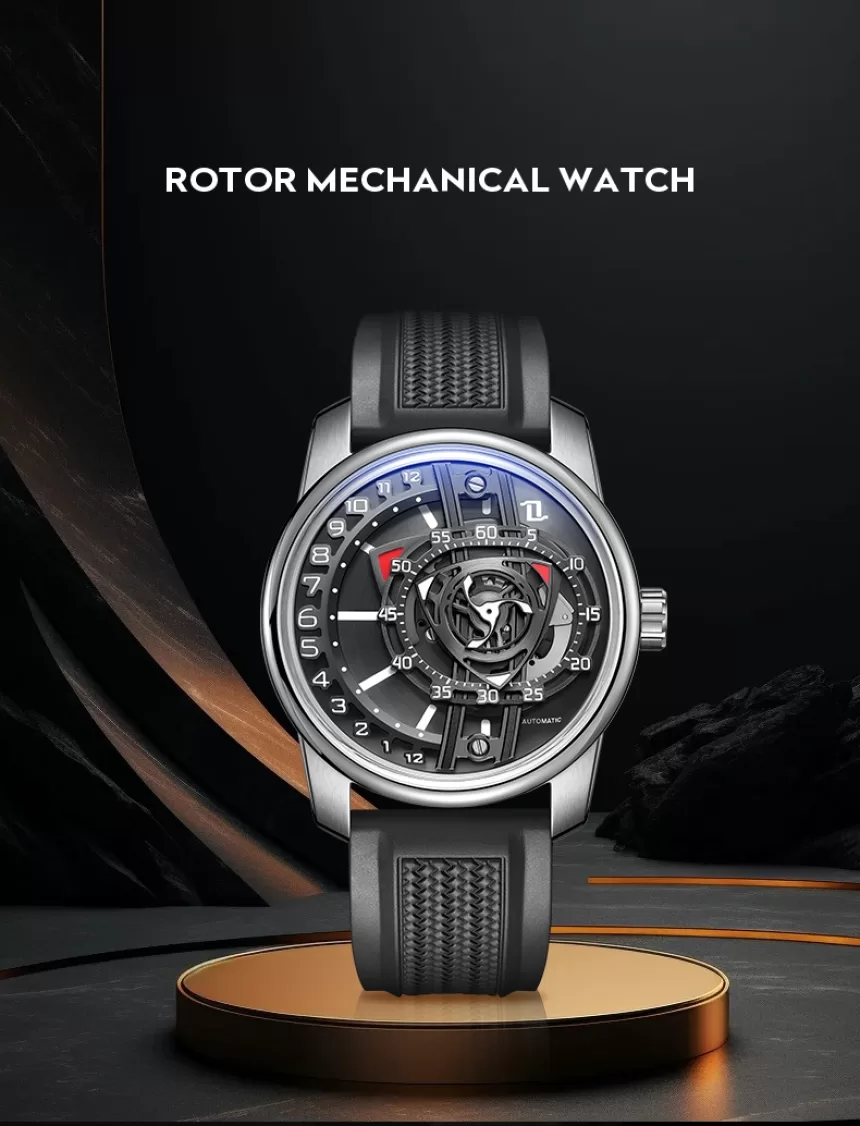 OBLVLO Fashion Design Rotor Rubber Band Automatic Watch Analog Super Luminous Classic Mechanical Clock for Men Rejos JM-ROTOR
