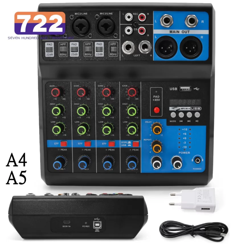HD A4 A5 Sound Card Mixing Console Mixer Professional Audio 4 5 Channel Sound Mixer For Live Streaming DJ Audio Equipment