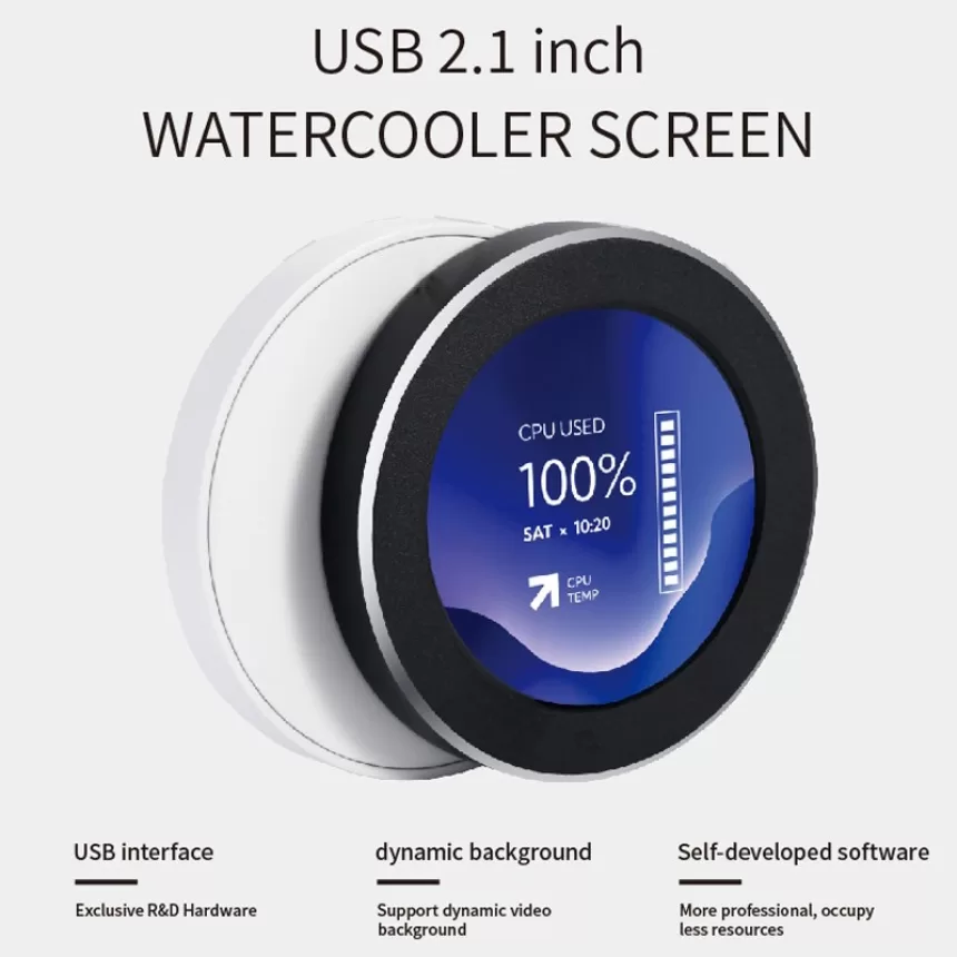 USB 2.1 Inch Watercool Screen 480x480 IPS Secondary Screen 2.1'' Round LCD for Desk PC CPU GPU RAM HDD Monitoring Freely AIDA64