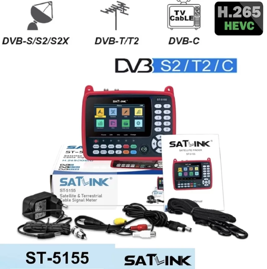 Satlink ST-5155 DVB-S2+DVB-C+ DVB-T2 Combo MPEG4 HD H.265 Meteran Pencari Satelit H.265 HEVC Qsk 8sk 16APSK 4.3 inch VS ST-5150