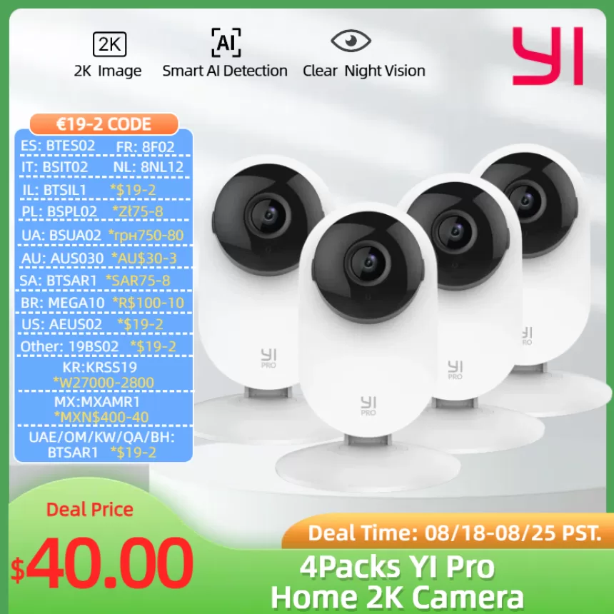 YI 4pc 2K Home Pro Camera 3MP Wi-Fi IP Security Surveillance Smart System with Night Vision Baby Monitor on iOS, Android