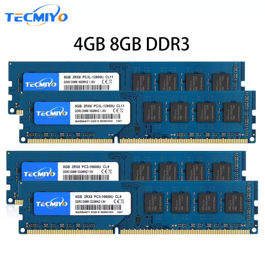 TECMIYO 4GB 8GB Desktop Memoria Ram DDR3 DDR3L 1600MHz 1333MHz PC3-12800U PC3-10600 DIMM 1.5V 1.35V 2RX8 Non-ECC Memory - Blue