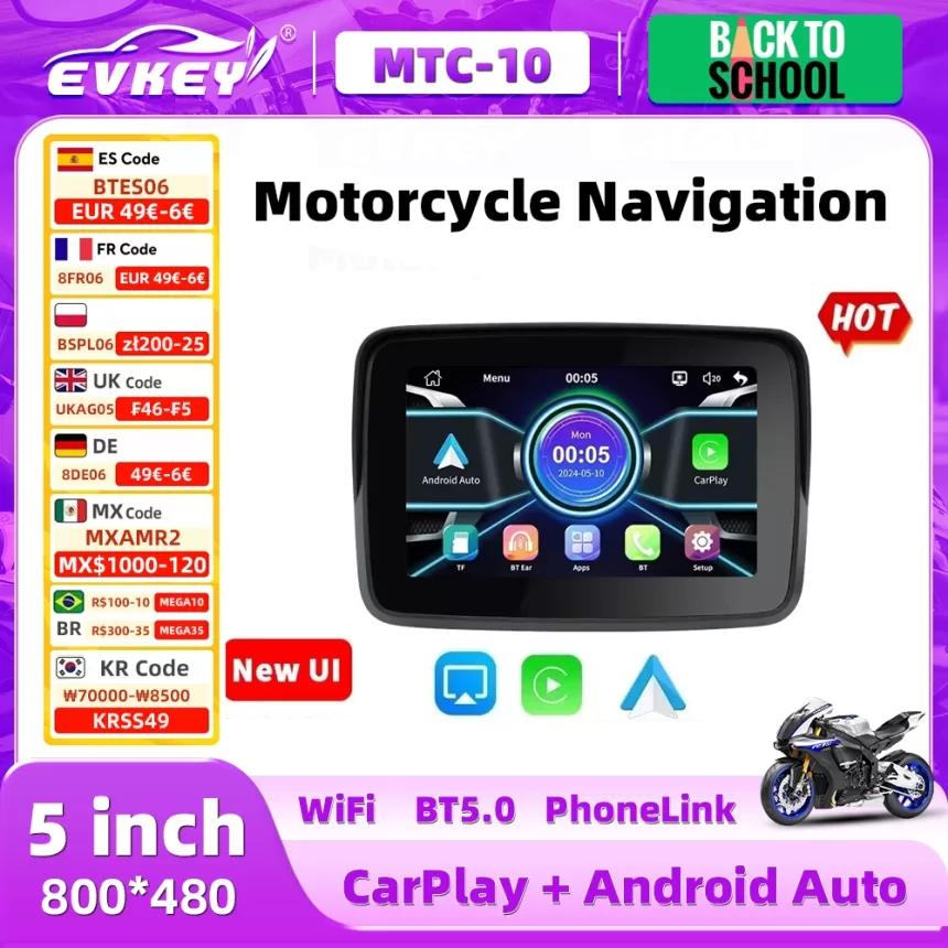 EVKEY Motorcycle Navigation Waterproof Apple Carplay Display Screen Portable Motorcycle Wireless Android Auto Monitor