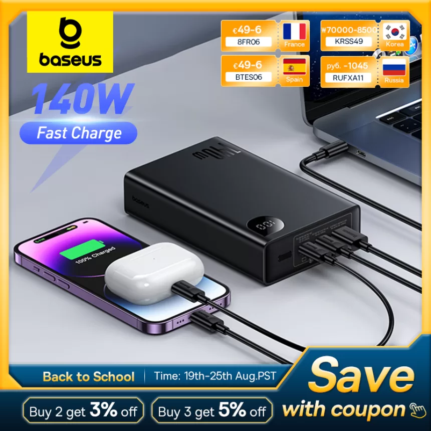 Baseus 140W Power Bank 24000mAh Fast Charging Portable Battery Charger 3 Output Ports for iPhone 15 Pro Max Notebook Tablet