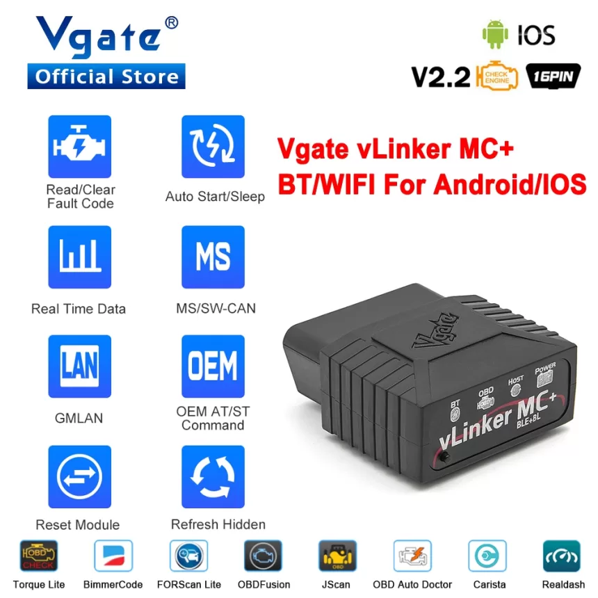 Vgate vLinker MC+ ELM327 V2.2 Bluetooth 4.0 OBD2 Scanner OBD 2 WIFI BimmerCode FORScan Auto Car Diagnostic tools ELM 327 V1 5