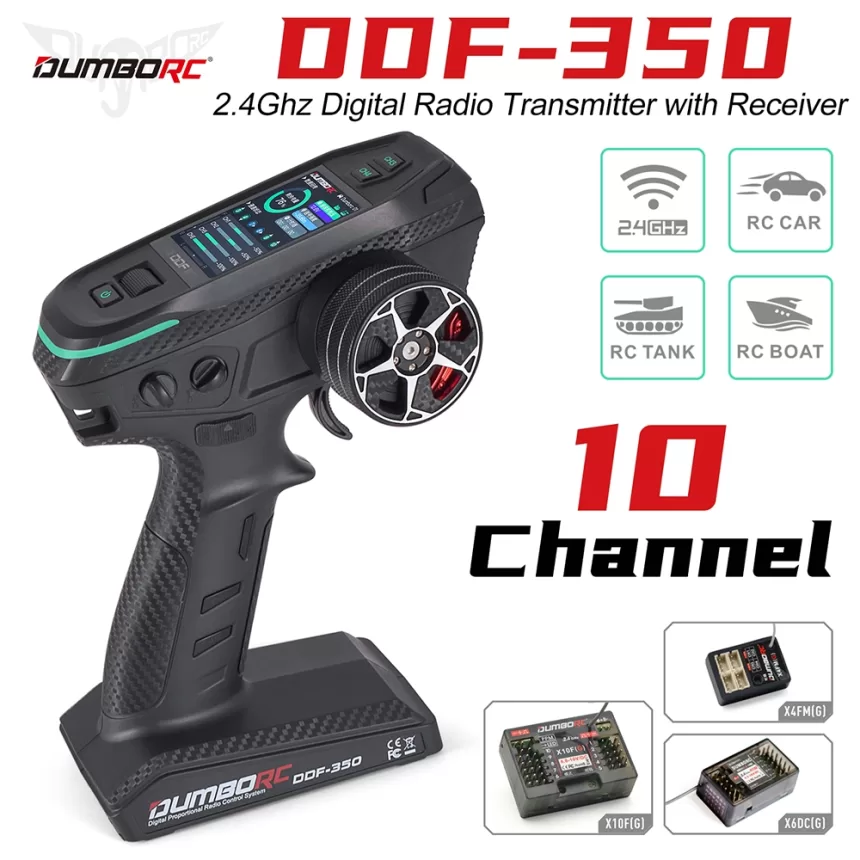 DUMBORC 2.4G 10CH Digital Radio Remote Controller DDF-350 Transmitter with Receiver for RC Car Boat Tank LCD FHSS System