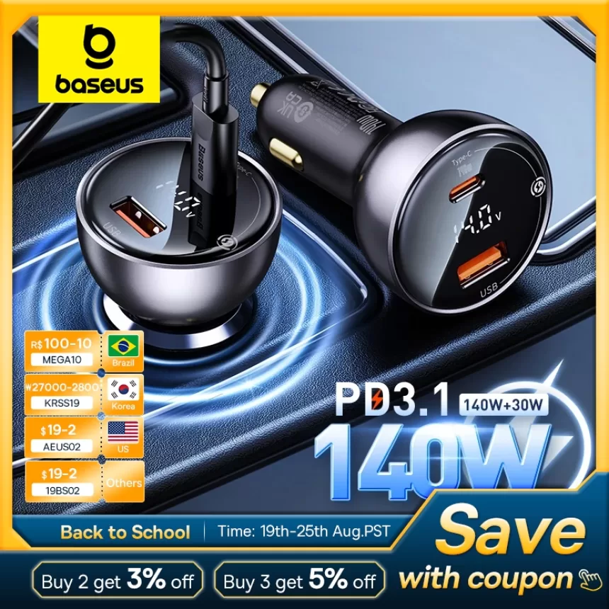 Baseus 140W PD3.1 Car Charger Fast Charging QC3.0 Quick Charge For Macbook Pro Laptop USB Type C Car Phone Charger For iPhone 15
