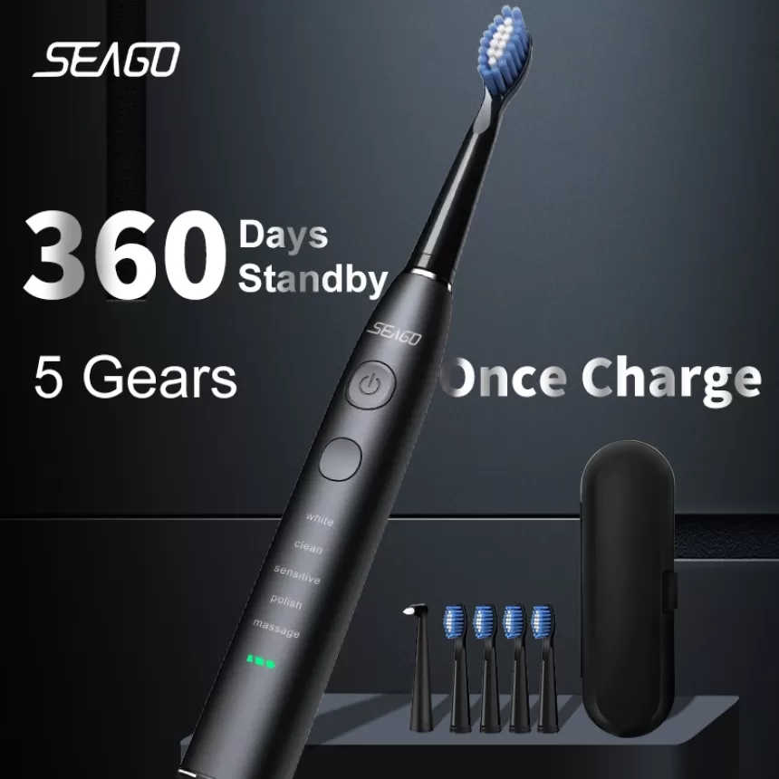 Seago Electric Sonic Toothbrush USB Rechargeable Adult 360 Days Long Battery Life IPX7 4 Replacement Heads Travel Box SG-575