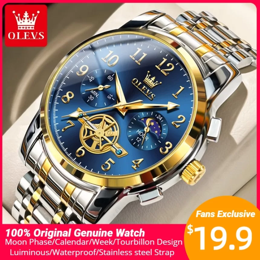 OLEVS 2900 Moon Phase Watch Men Stainless Steel Waterpoof Luminous Fashion Skeleton Chronograph Quartz Wrist Watch for Men NEW