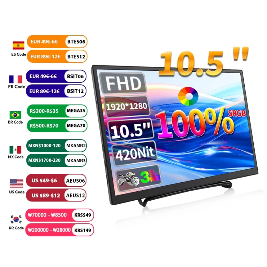 420Cd/m ² 10.5 inch Portable Monitor IPS FHD 1280P 100%SRGB Game Screen Laptop Mac Xbox PS4/5 Switch Display