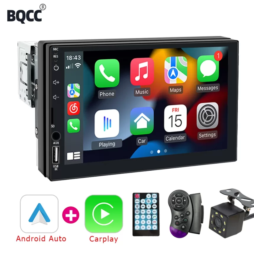 BQCC Carplay Android Auto 1 Din 7 Inch Car Radio Multimedia Player HD Touch Screen FM AUX Input Bluetooth MirrorLink Universal
