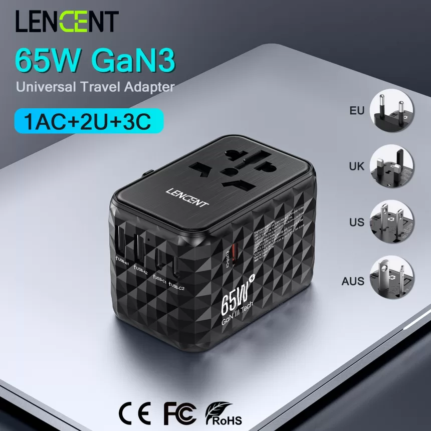 LENCENT 65W GaN Universal Travel Adapter with 2 USB 3 Type C Fast Charging All-in-one Travel Charger EU/UK/USA/AUS for Travel