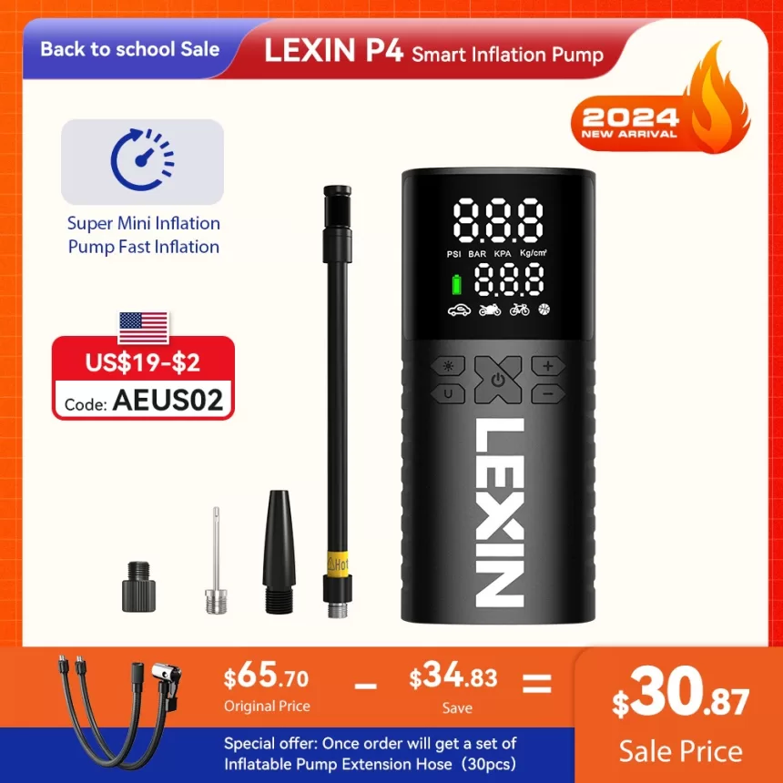 Lexin P4 Smart Air Pump 4000mAh for Motorcycles Tire Inflator Bicycle Boat with LED Digital&Preset Pressure Inflation