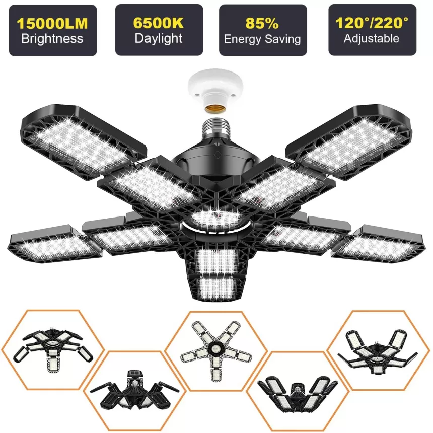 Garage Lights with Adjustable Panels E26/E27 Ceiling Work Lamp 150W 15000 Lumen Bulb for Warehouse Workshop Industrial Fixture