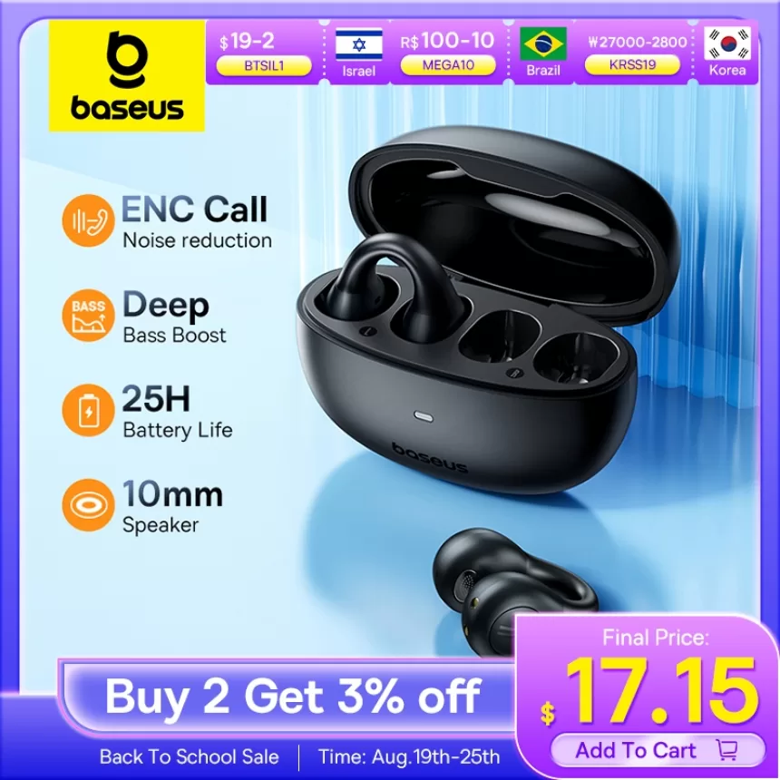 Baseus AirGo AS01 Wireless Headphones Ear clip Earphones Bluetooth 5.3 2MIc ENC HD Call Noise Reduction Earbuds Sports Earbuds