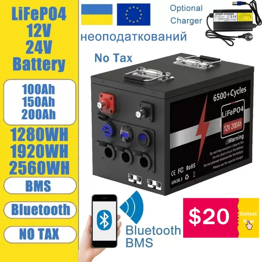 LiFePO4 12V 24V 100Ah 200Ah Bluetooth BMS 6500+ Cycles LiFePO4 Battery 12.8V Pack Lithium Battery QC3.0 PD EU Ukraine No Tax