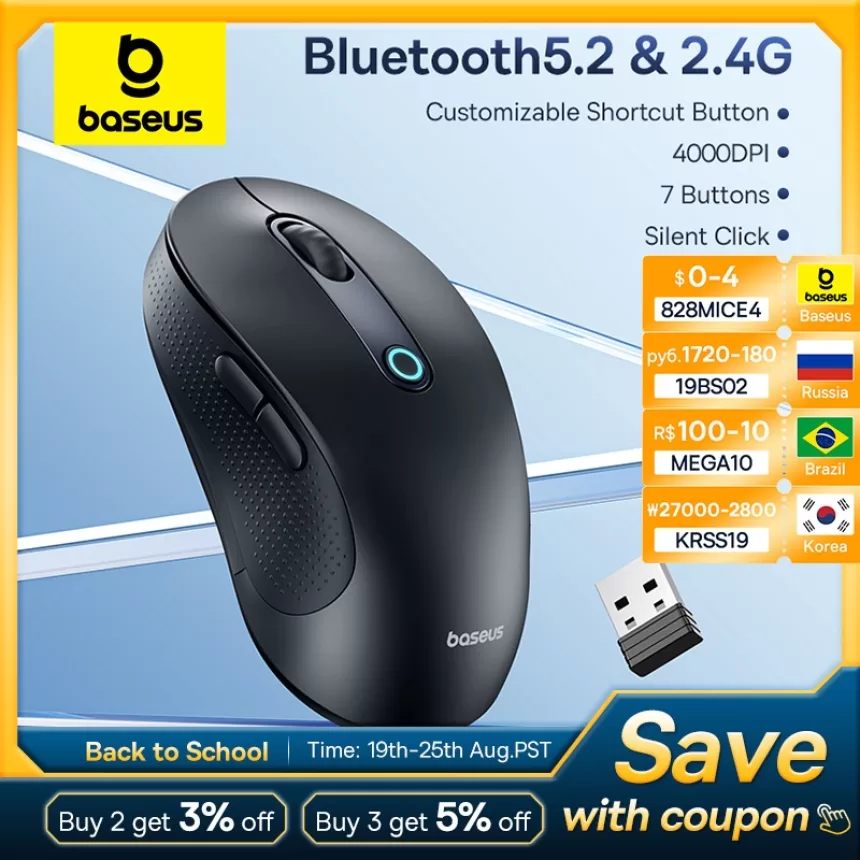 Baseus F02 Wireless Mouse Bluetooth 5.2 2.4G 4000DPI Ergonomic 6 Mute Buttons Mice for iPad MacBook Tablet Laptop Computer Mouse