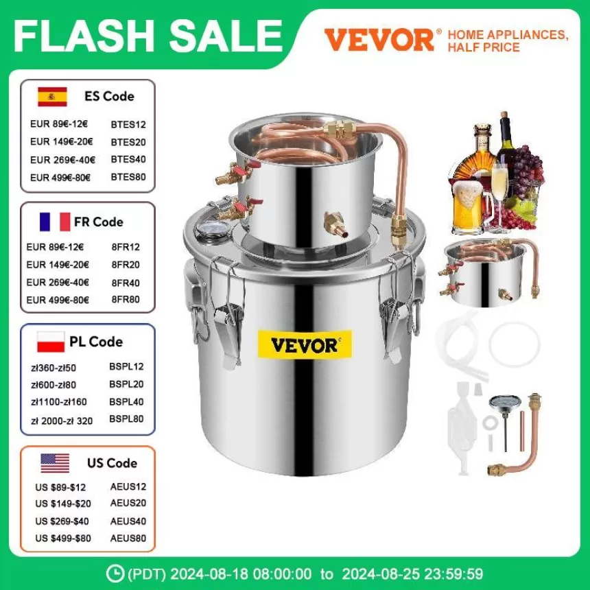 VEVOR 3/5/8 GAL Water Alcohol Distiller Copper Wine Making Boiler Multi Home DIY Brewing Distilling Kit for Fruit Wine Brandy