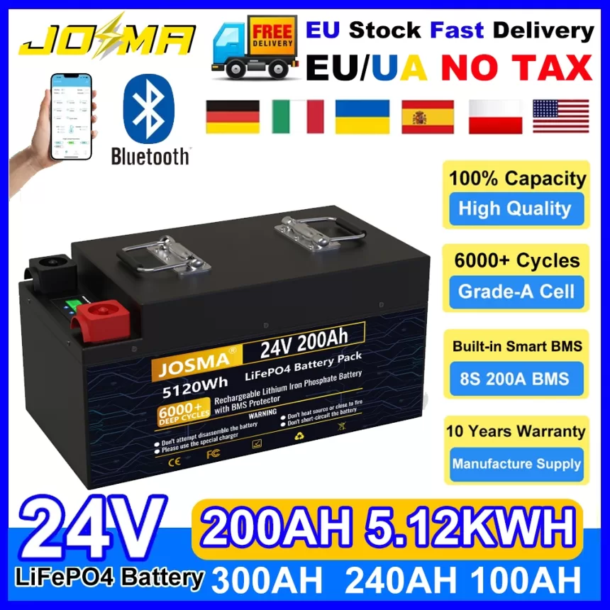LiFePO4 24V 200Ah 5Kwh Battery Pack 6000+ Cycles Bluetooth BMS Grade A 12V 100Ah 140Ah 300Ah Lithium Home Battery EU UA Tax Free