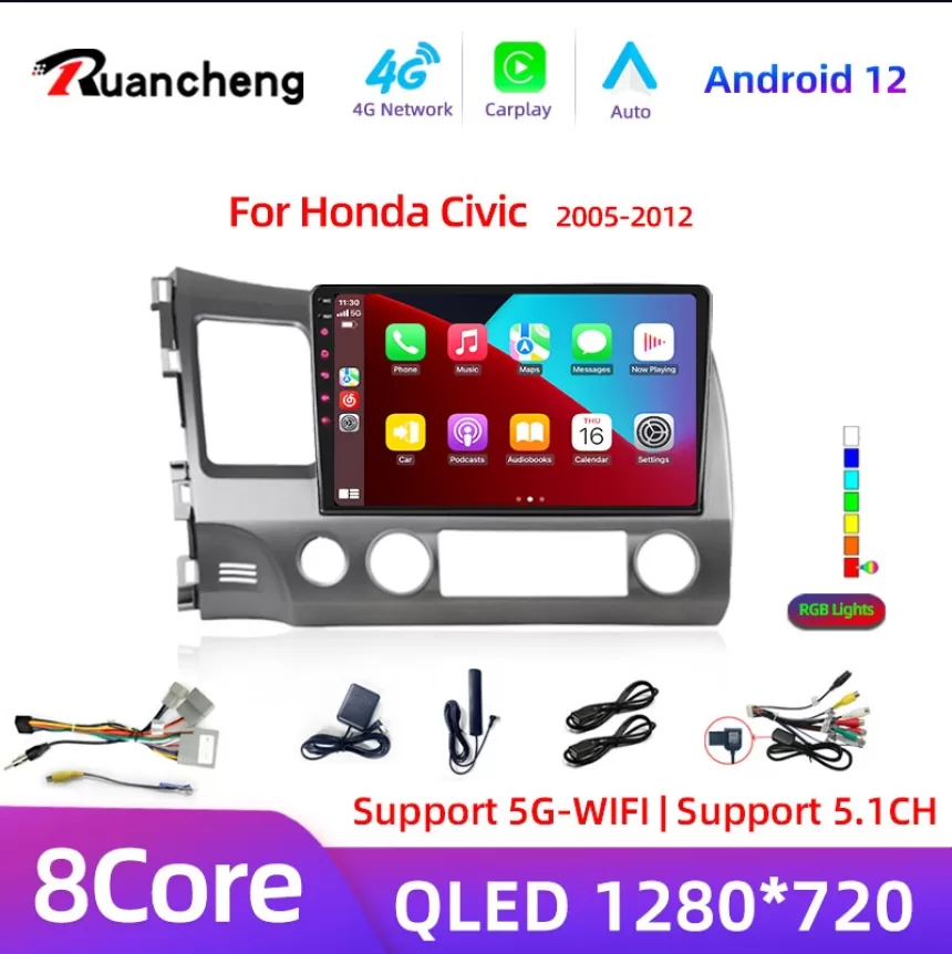 10" Android 12 Carplay Car Stereo Radio for Honda Civic 8 2005 - 2012 Multimedia Player Navigation GPS 2 Din 4G Audio DVD