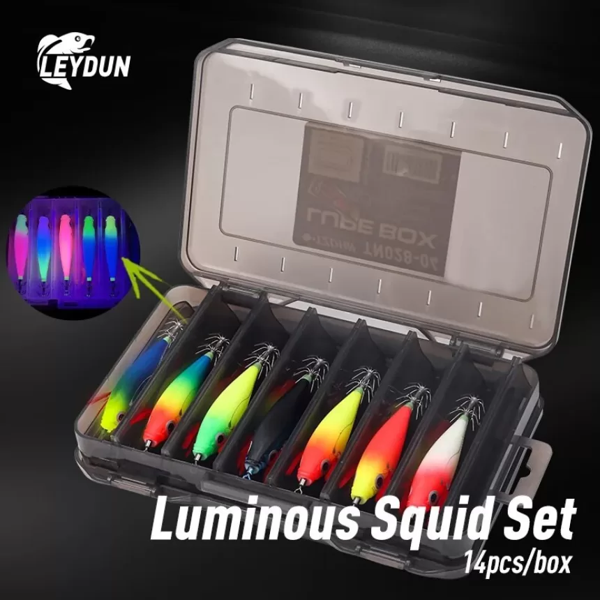 LEYDUN Luminous Horizontal Squid Jig Wood Shrimp Squid Hook 14pcs/Set Fishing Lures Octopus Cuttlefish Shrimp Saltwater Baits