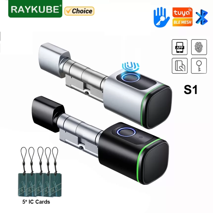 RAYKUBE S1 Tuya BLE TT Lock Smart Electronic Door Lock with DIY Cylinder Core Fingerprint APP Keys IC Card Unlock for Home Hotel