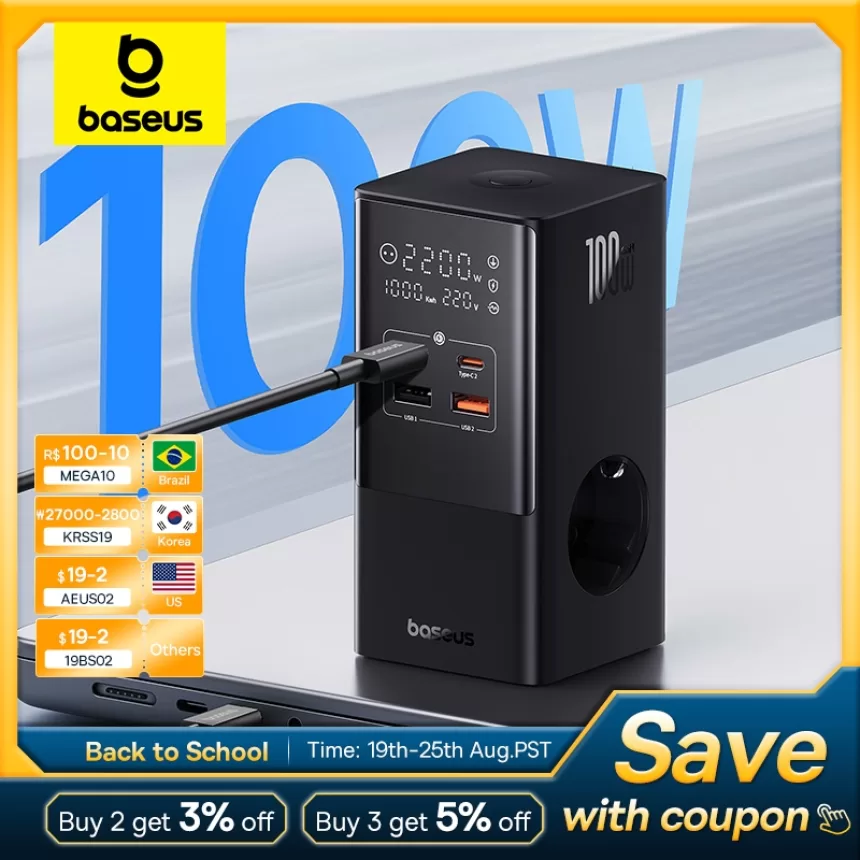Baseus 100W Fast USB Charger 6 in 1 Power Strip Desktop Charging Station With 1200J Surge Protector For MacBook iPhone Samsung