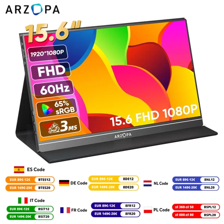 Arzopa 15.6'' FHD 1080P Portable Monitor with HDMI USB IPS Second Monitor External for PC Laptop Mac Switch Xbox ps4,S1 Table