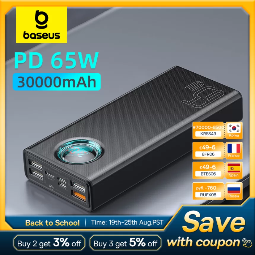 Baseus 65W Power Bank 30000mAh PD Quick Charge FCP SCP Powerbank Portable External Charger For Smartphone Laptop Tablet