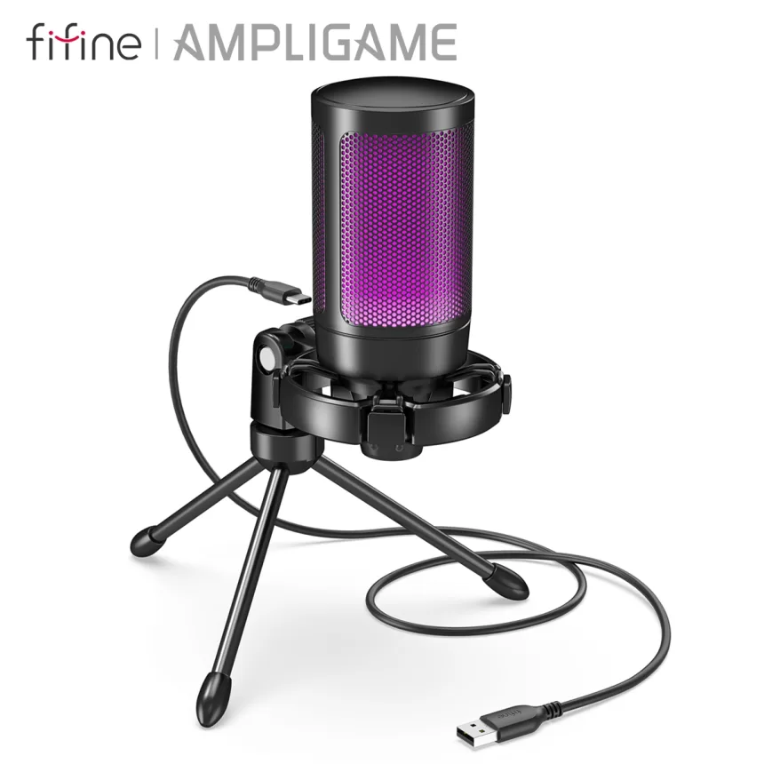 FIFINE Ampligame RGB USB Gaming Microphone with Light-touch Mute,Condenser Mic with Tripod for PC,PS4/5,Laptop Streaming-A2