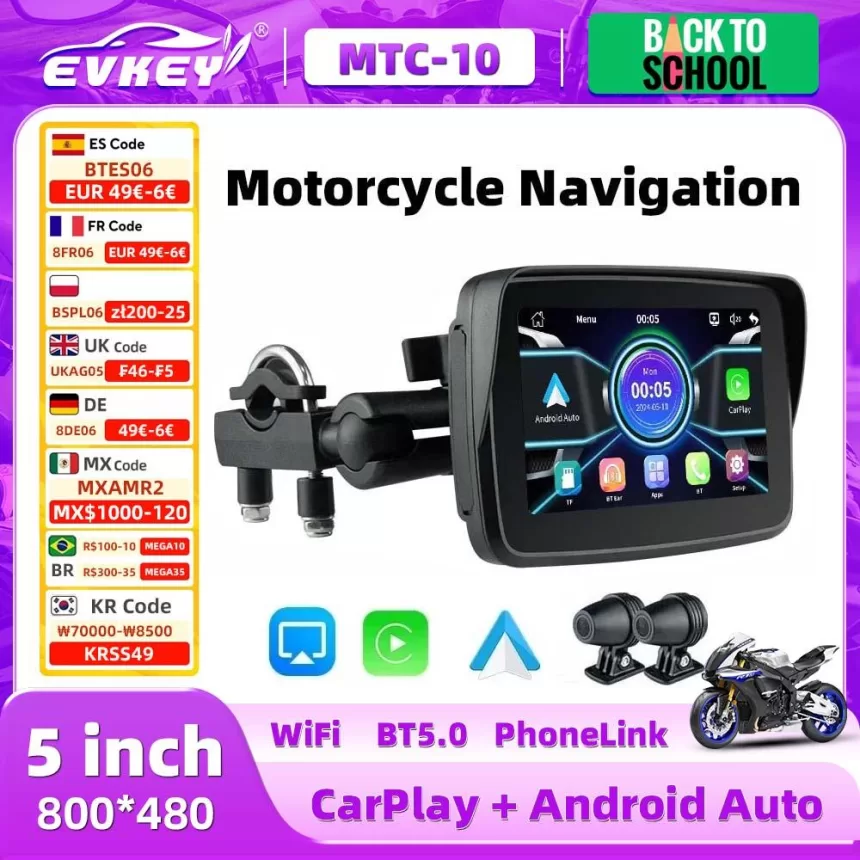 EVKEY Portable Motorcycle Navigation Display Screen CarPlay Motorcycle Wireless Android Auto Monitor Waterproof