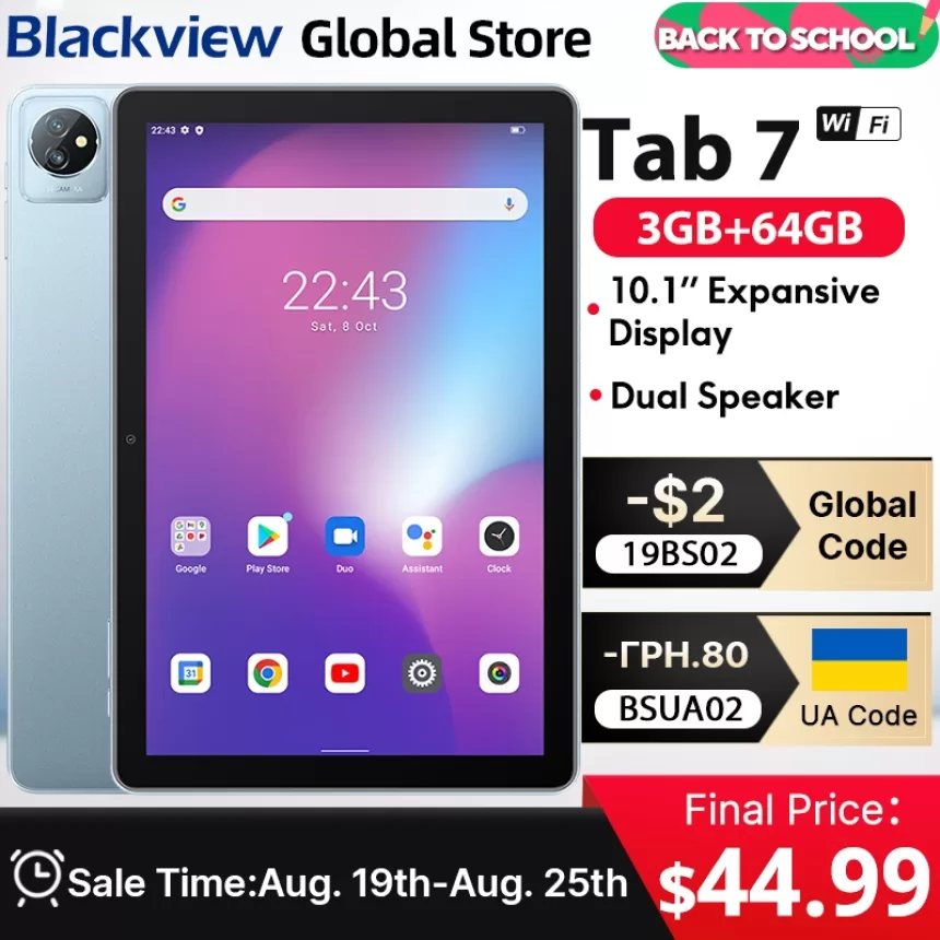 Blackview Tab 7 WIFI 10.1 Inch Tablet HD+ Display 5GB(3+2 Expand) RAM 64GB ROM 6580mAh Battery Android 12 Touch Screen Tablets