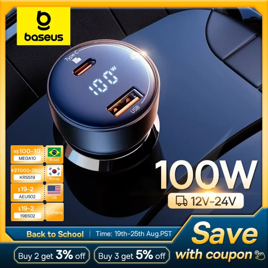 Baseus PD 100W Car Charger Quick Charge QC4.0 QC3.0 PD 3.0 Fast Charging For iPhone 15 14 13 12 11 Pro Max Samsung XiaoMi Phone