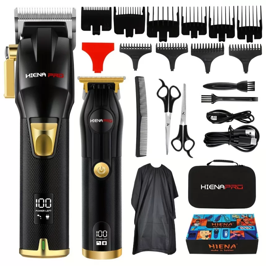 Professional Hair Clipper Set for Men, Rechargeable Hair Trimmer with LCD Digital Display, Electric Clipper, Black and Gold