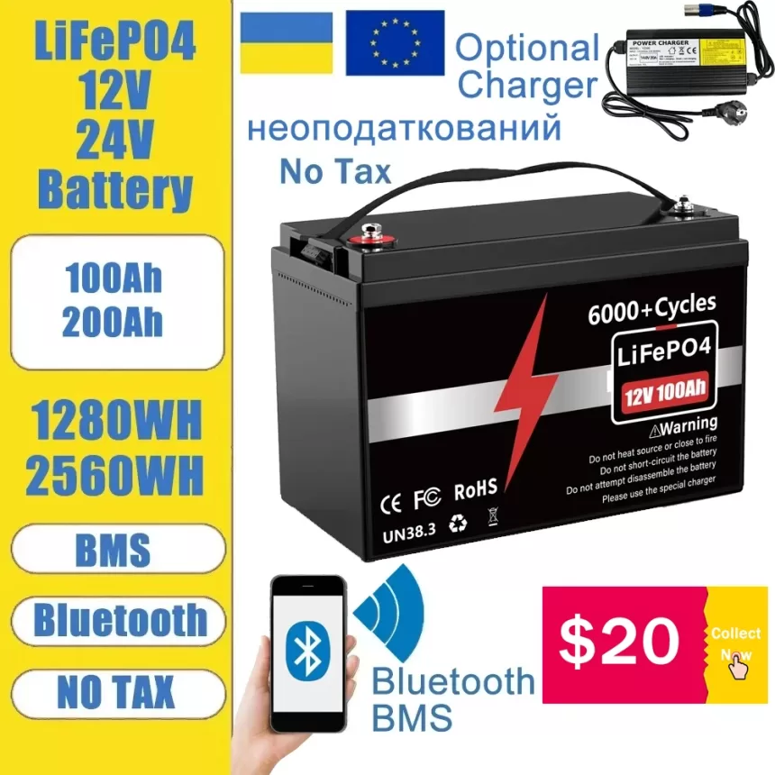 LiFePO4 12V 24V 100Ah 200Ah 2.6KW Bluetooth 1280W 6500+ Cycles Cells 100 Ah 200Ah BMS LiFePO4 12.8V Lithium Battery UKR No Tax