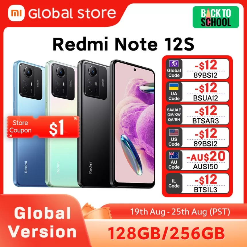 Global Version Xiaomi Redmi Note 12S 128GB 256GB Helio G96 108MP Camera 90Hz 6.43" AMOLED DotDisplay 33W Fast Charging 5000mAh