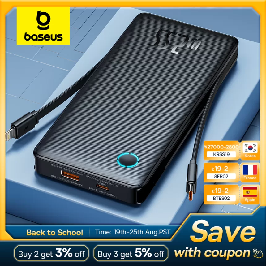 Baseus 22.5W Power Bank 10000mAh with Two Built-in Cables PD Fast Charging For iPhone 15 Pro Max, Charge 4 Devices at Once