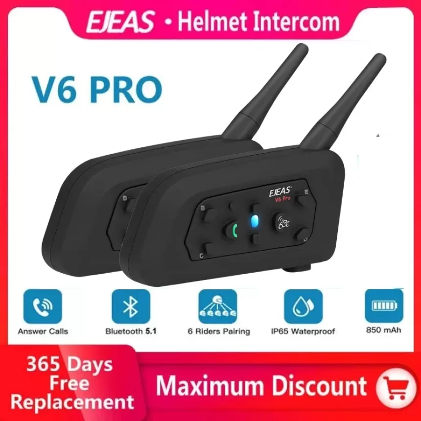 EJEAS V6PRO Motorcycle Bluetooth Helmet Headset Intercom 850mAh MOTO Communicator 1200m Interphone for 6 Riders
