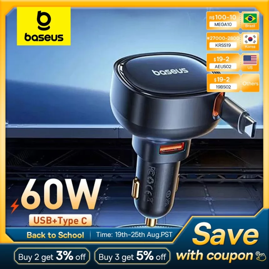 Baseus 60W Car Charger 2 in 1 Retractable Cable SCP 25W QC PD 30W Fast Car Phone Charger For iPad iPhone 15 14 13 Pro Samsung
