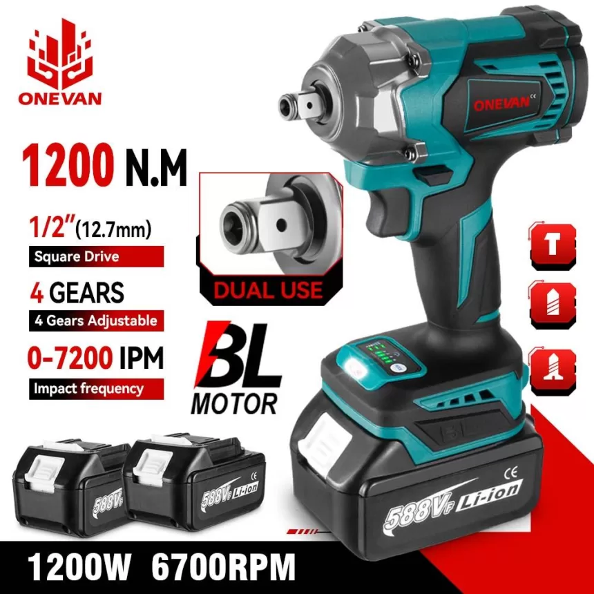 ONEVAN 1200N.M Brushless Electric Impact Wrench 3 Funtion 1/2 inch Cordless Screwdriver Electric Drill for Makita 18V Battery