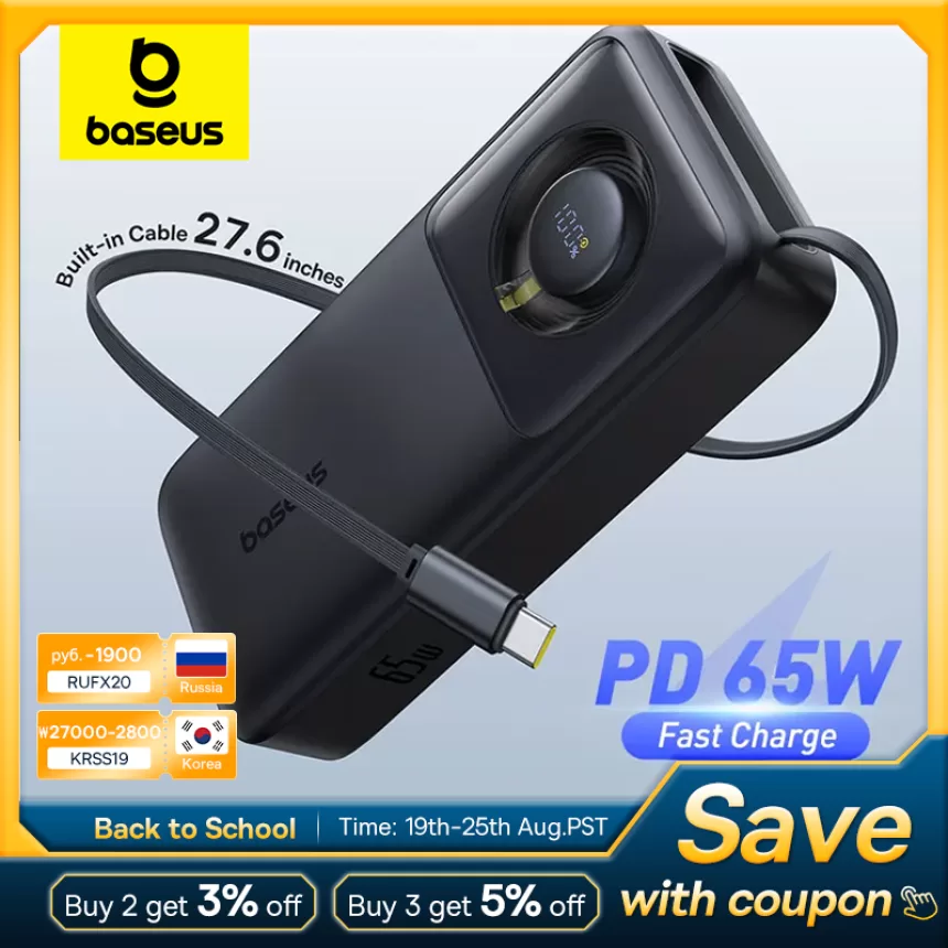 Baseus 65W Power Bank 20000mah Fast Charging with Built-in Retractable Type-C Cable for Laptops iPhone 15 Pro Max