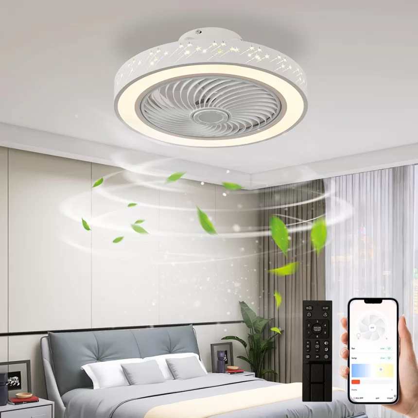 2 in 1 Modern Smart Ceiling Fan with Light Remote Control LED Dimmable 6 Speeds Timer Flush Mount Enclose Ceiling Fans Lamp 72W