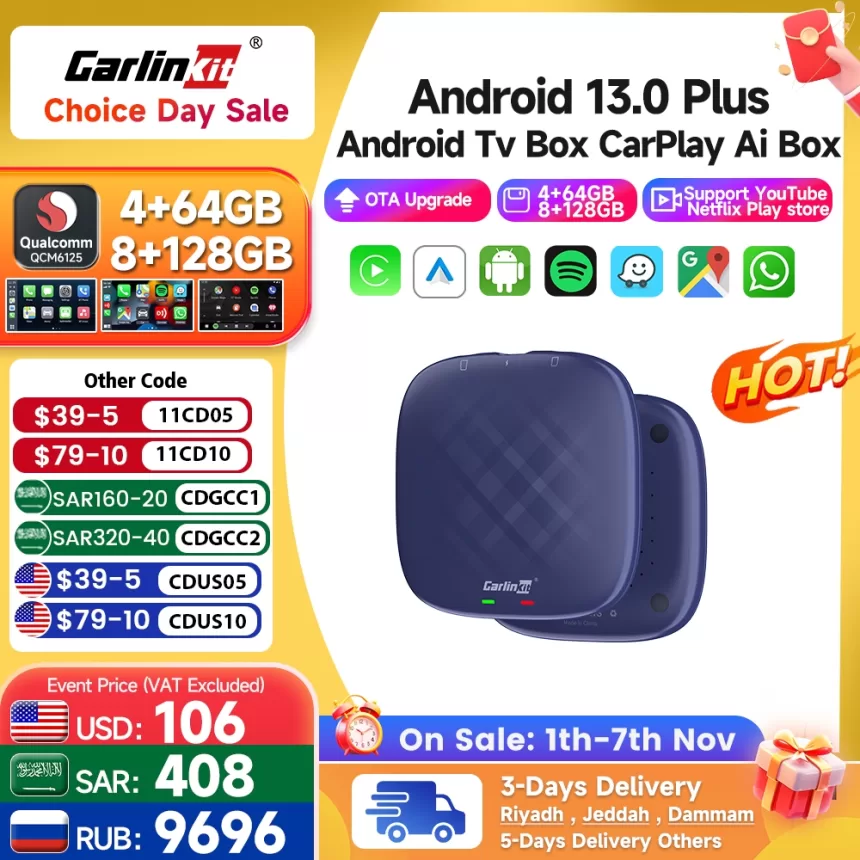Carlinkit CarPlay Ai TV Box Plus Android13 8+128GB QCM 8-Core 665 6125 Wireless CarPlay Android Auto For Youtube Netflix 4G LTE