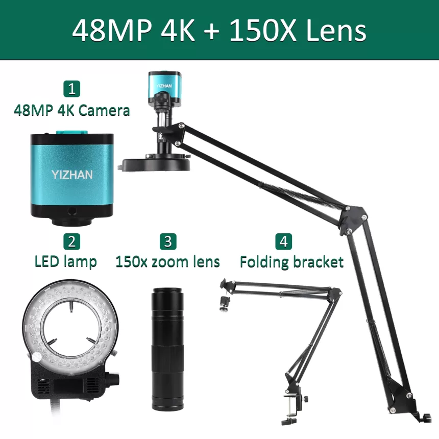 4K Microscope For Electronics 48MP Digital Microscope Camera Optional 1-150x Lens LED Light Foldable Bracket Phone Pcb Soldering