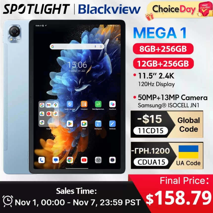 【World Premiere】Blackview MEGA 1 11.5 inch 2.4K 120Hz Display 8GB/12GB 256GB 50MP+13MP Camera 33W Fast Charging 8800mAh Battery