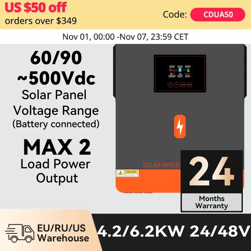 PowMr Hybrid Solar Inverter On Grid 48V 24V MPPT 120A Grid Tie Inverter 230V Pure Sine Wave Max Pv Power 6500W 6200W